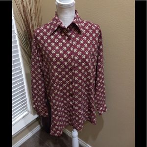 Silk Club 100% Silk Burgundy- Long Sleeve Button Down Printed Collar Shirt
